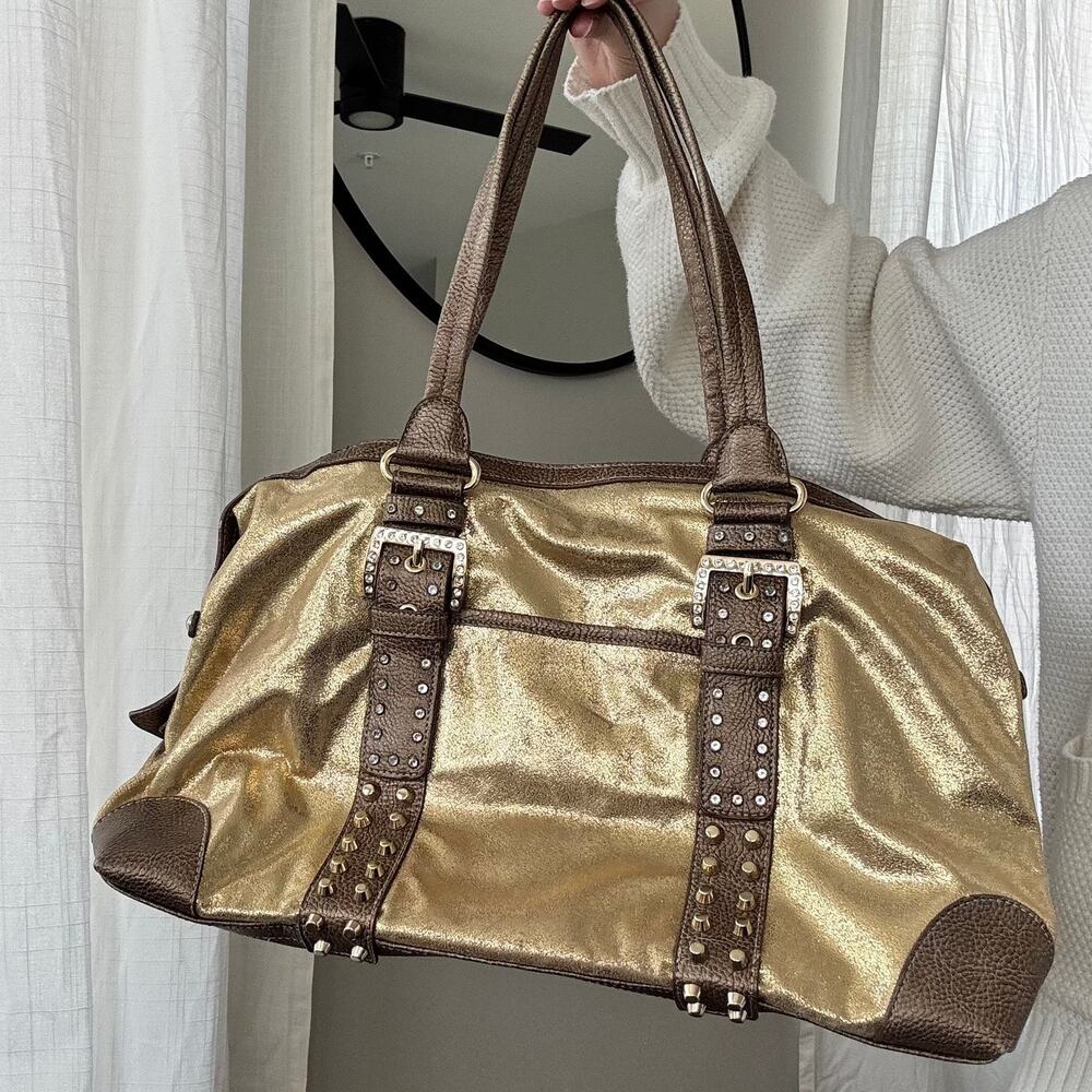 2000s Kathy Van Zeeland Gold Metallic Y2K Shoulder Bag McBling Studded Purse‎